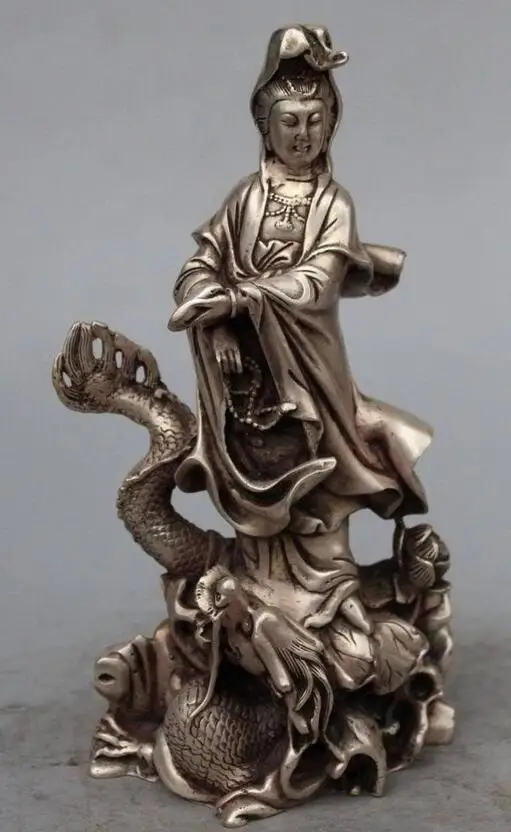 

wang6710921++9" Chinese Silver Kwan-yin Guanyin Ride Dragon Lotus Lianhua Buddha Statue