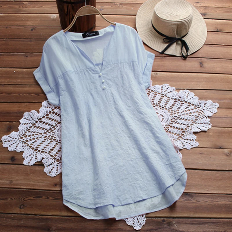 

Women Elegant Short Sleeve Work Loose Blouse 2019 Summer Casual Pearl V Neck Cotton Linen Irregular Shirt Solid Top Womens Cloth
