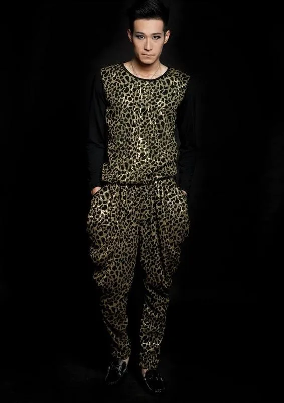 Дизайнерский тонкий Леопардовый принт набор блесток 1 брюки мужские горячие брюки костюм 1 звезда одежда настраиваемый