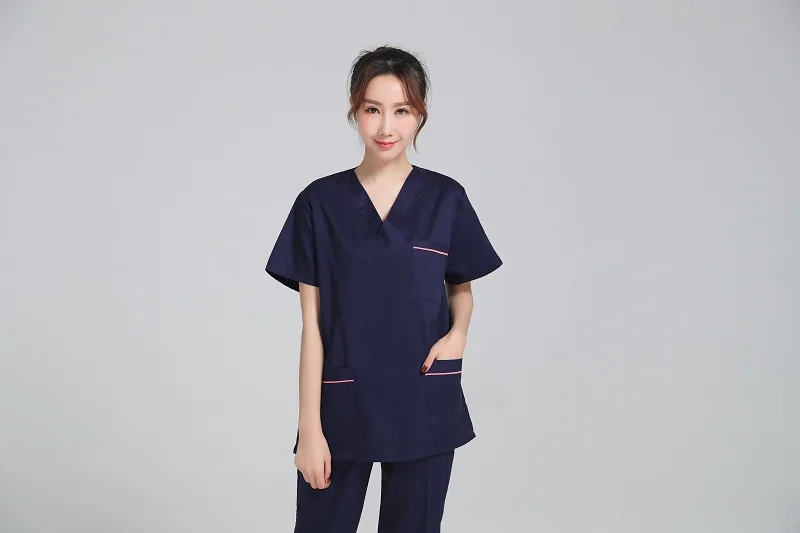 2018 embroidered lady 100 cotton scrubs navy blue medical uniform