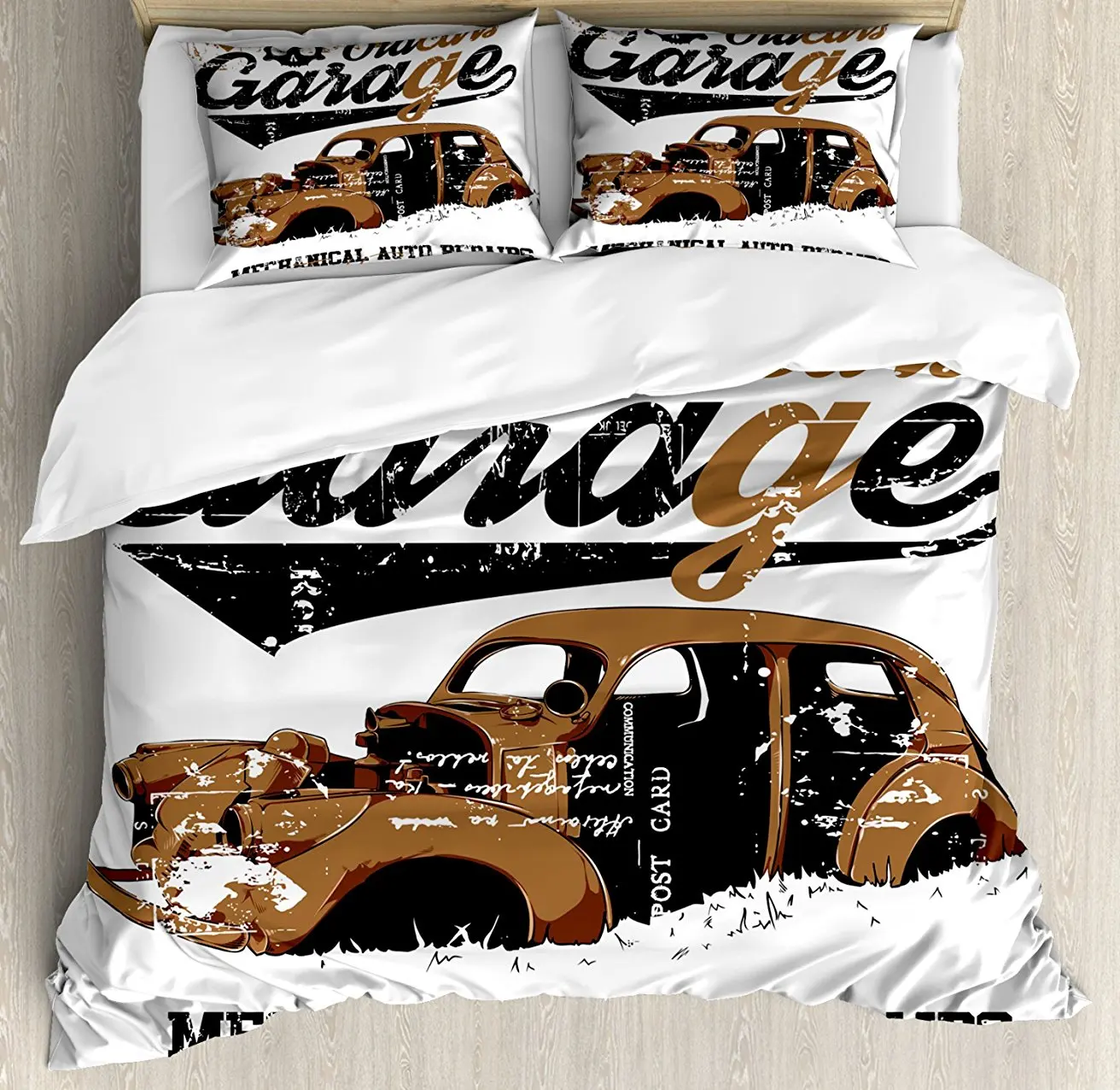 

Cars Duvet Cover Set Old Garage Mechanical Auto Repairs Truck Company Skull Grunge Display, Decorative 4 Piece Bedding Set