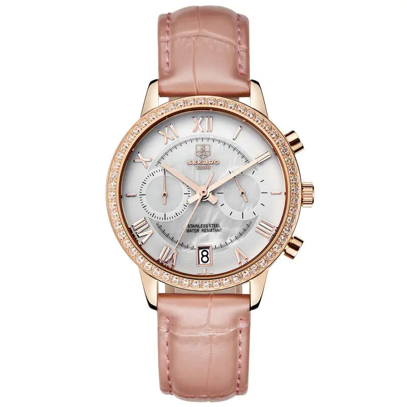 

SEKARO DS Switzerland watches men luxury brand Chronograph watch female large Diamond pearl dial wristwatch pink