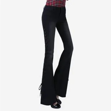 Новые модные длинные весенние и летние расклешенные джинсы женские облегающие длинные брюки расклешенные брюки со шнуровкой - Цвет: Черный