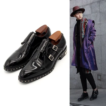 

Black Monk Strap Rivets Formal Suit Dress Shoes Flat heel Men Wedding Party Shoes Autumn Gentleman Italian Dress Oxfords