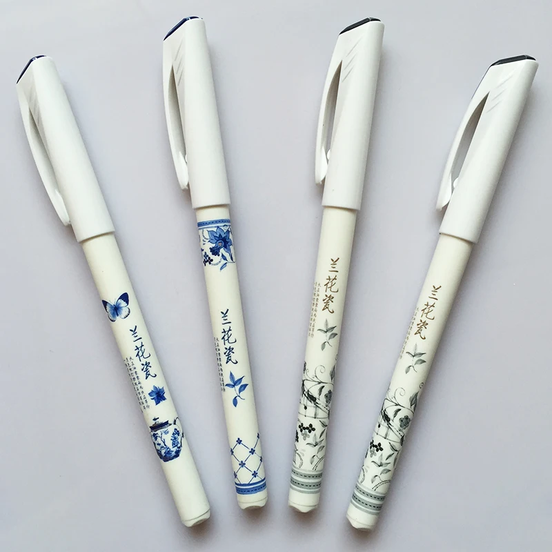 Classic Vintage Orchid Flowers Porcelain Look Ink  Wash Painting China Chic Style Ballpoint Pen 0.5mm Black Navy Blue Refillable