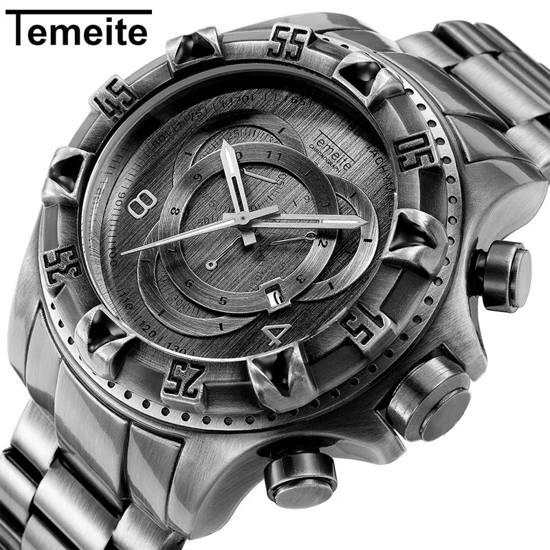 Temeite Mens Watches Top Brand Luxury Bronzed Style Stainless Steel Luxury Men Watch Casual Quartz Watches 2