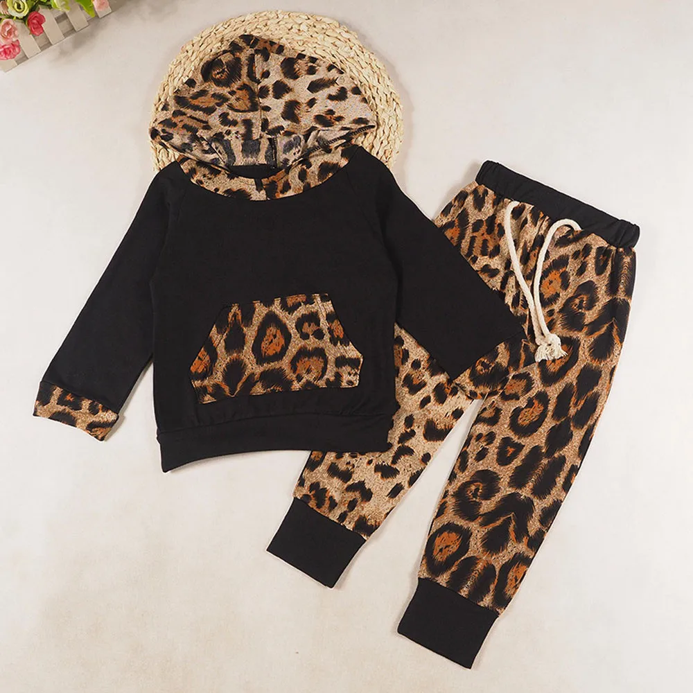 Children kids baby girl clothes set Long Sleeve Leopard Print Tracksuit Top+ Pants Outfits boutique clothing Set Tracksuit