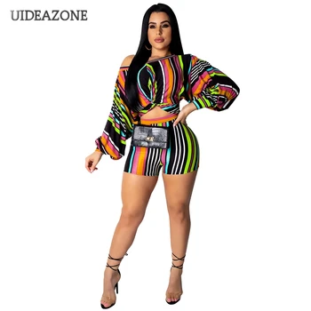 

Color Block Two Piece Set Sexy Ladies Costumes One Side Off Shoulder Long Sleeve Top And Slim Shorts Suit 2 Piece Club Outfits