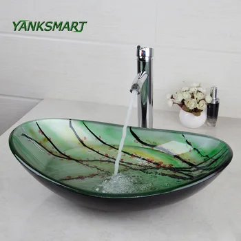 

YANKSMART Green Oval Glass Washroom Basin Vessel Vanity Sink Bathroom Mixer Basin Washbasin Brass chrome Faucet Set w/ Drain