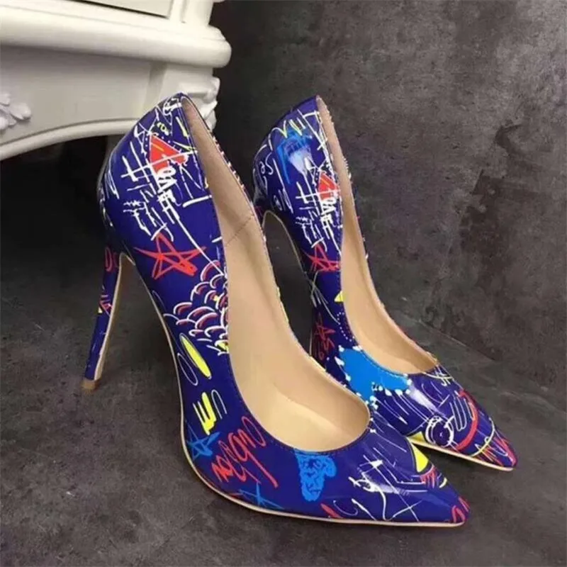 

High quality sexy nightclubs thin single shoes pointed shallow mouth graffiti female high heel women's shoes size 35-42