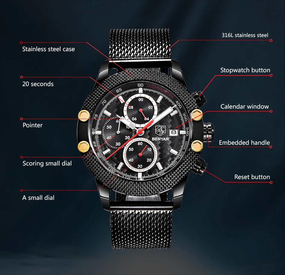 Лидирующий бренд, BENYAR, роскошные спортивные часы с хронографом, стильные мужские резиновые Водонепроницаемые многофункциональные кварцевые часы из нержавеющей стали