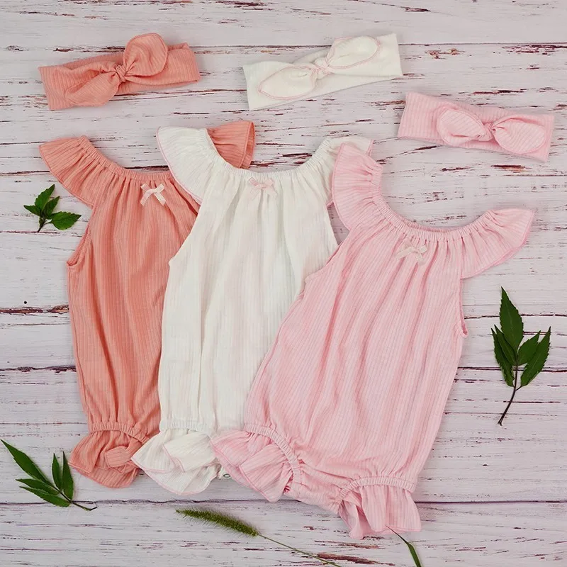 

Cotton Baby Romper Summer 2019 Cute Comfortable Jumpsuit Headband Set For Newborn Infant Toddler Girls Pink White Ruffle Rompers
