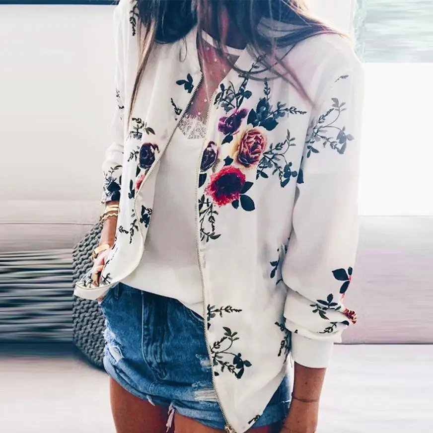 ملابس ومعاطف جاكيتات المرأة أزياء ضئيلة معطف الأزهار سترة سستة طويلة الأكمام معاطف و جاكيتات المرأة 2018JUL30