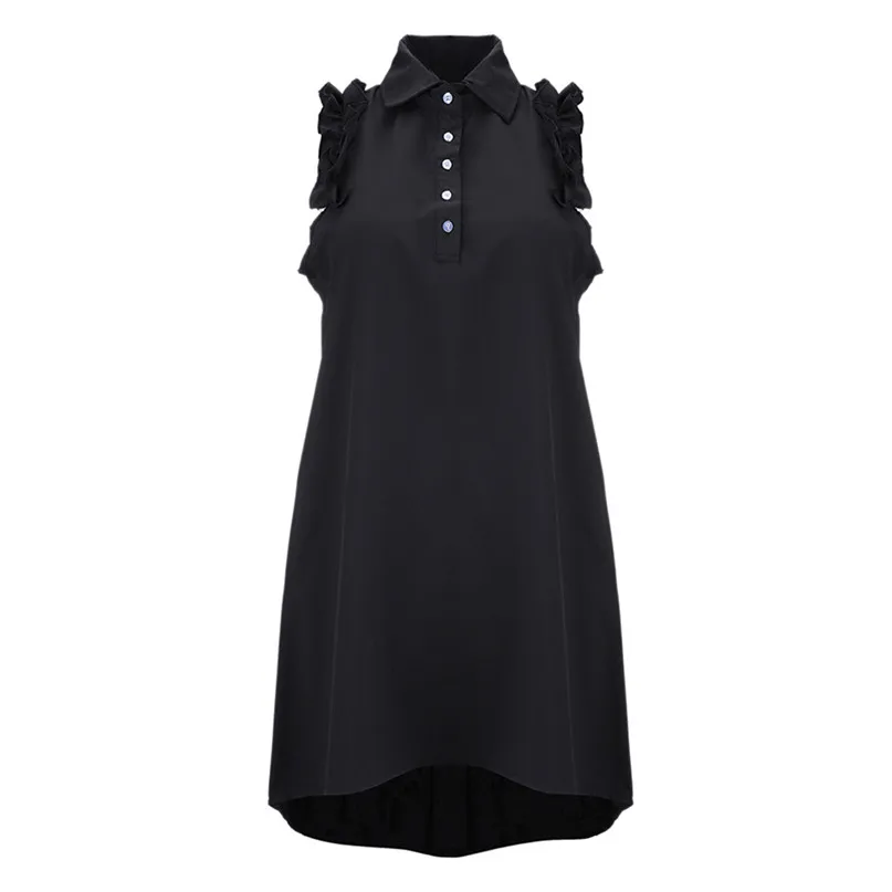 2018 Summer A-Line dress Women Beach Dress V-Neck Solid Chiffon Sleeveless Button Short Mini Dress Casual Ruffles #3j03#F (16)