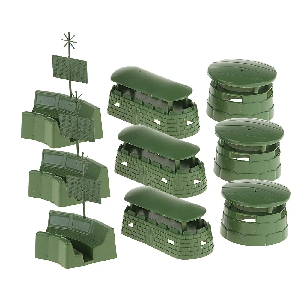 9pcs Big Bunkers Radar Models Toy Soldiers Action Figures Army Men Accessories War Scenes Kids Pretend Play Toys