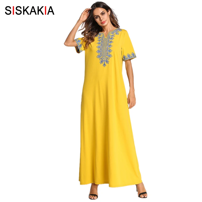

Siskakia Summer T Shirt long Dress for Women Elegant Yellow Ethnic Embroidered Maxi Dresses Short Sleeve Loose Casual Knitted