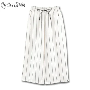 

LycheeGirls Spring Autumn Women Pants Casual Stripe Elastic Waist Wide Leg Pants Casual Loose Trousers