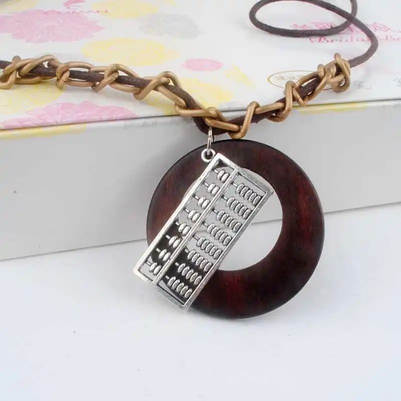 Antique Vintage Long Rope Chain Necklace font b Wooden b font Alloy Abacus font b Pendants