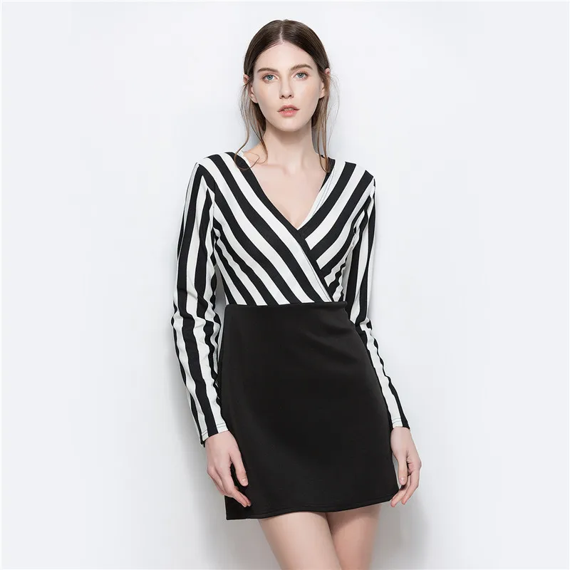 

YYFS 2019 New Sexy Women Autumn V-Neck Striped Dress Fashion Summer Black And White Striped Casual office work dresses vestidos
