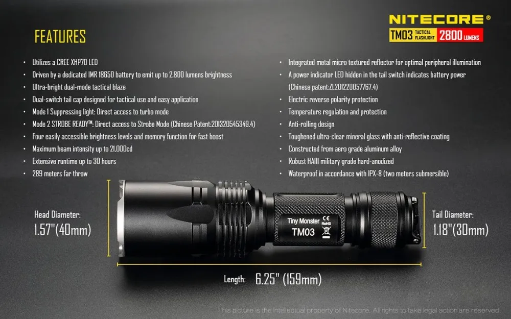 Nitecore TM03 2800 люмен XHP70 светодиодный фонарик с для TM03 18650 аккумуляторная батарея