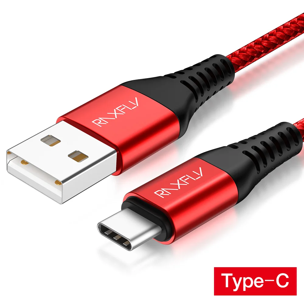 USB raxfly type C кабель для samsung S10 S9 высокая прочность нейлон Быстрая зарядка USB C зарядное устройство type-C кабель для Note 10+ One Plus 6 - Цвет: Red