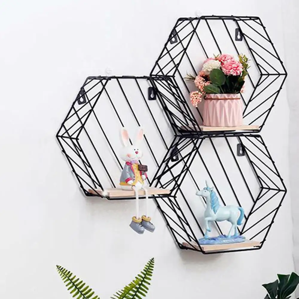 Nordic Racks Wrought Iron Hexagon Grid Wall Racks Home Decoration Background Wall Decoration Storage