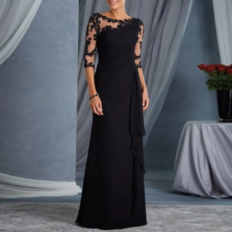 Женские платья с коротким рукавом и круглым вырезом, длина до пола, официальное женское платье, однотонные кружевные вечерние платья - Цвет: Black