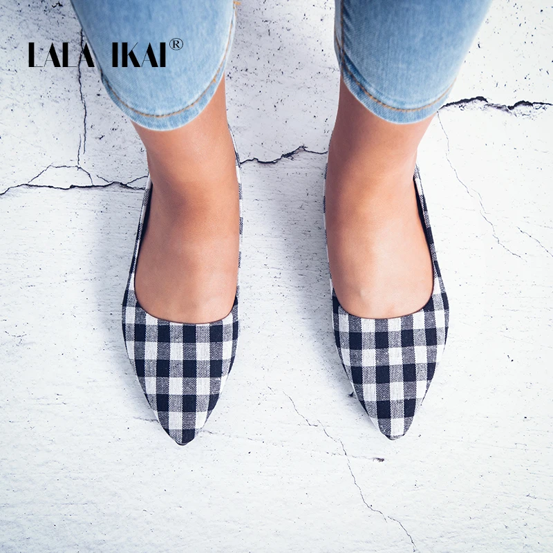 

LALA IKAI Women Flat Shoes Comfortable Slip On Summer Fashion Basic Gingham Shallow Women Pointed Toe Flats 014A1930 -4