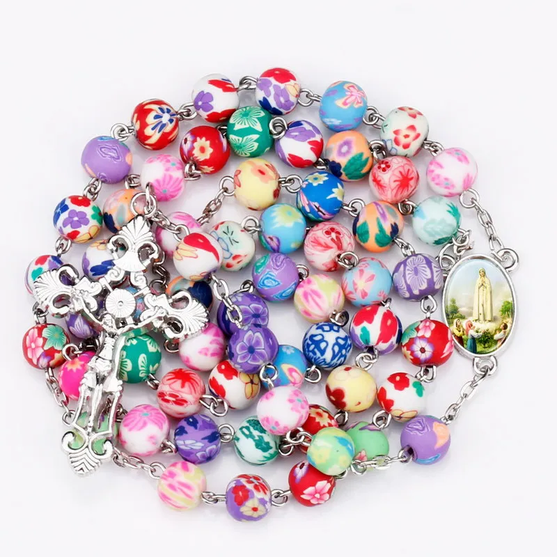 Colorful Polymer 8mm Clay Beads Catholic Rosary Necklace Statement Religious Crucifix Jesus Cross Jewelry | Украшения и