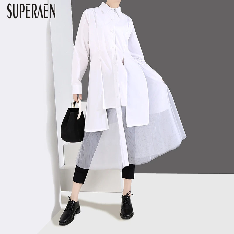  SuperAen 2019 New Spring and Summer Women Shirt Solid Color Wild Casual Blouses Female Europe Mesh 