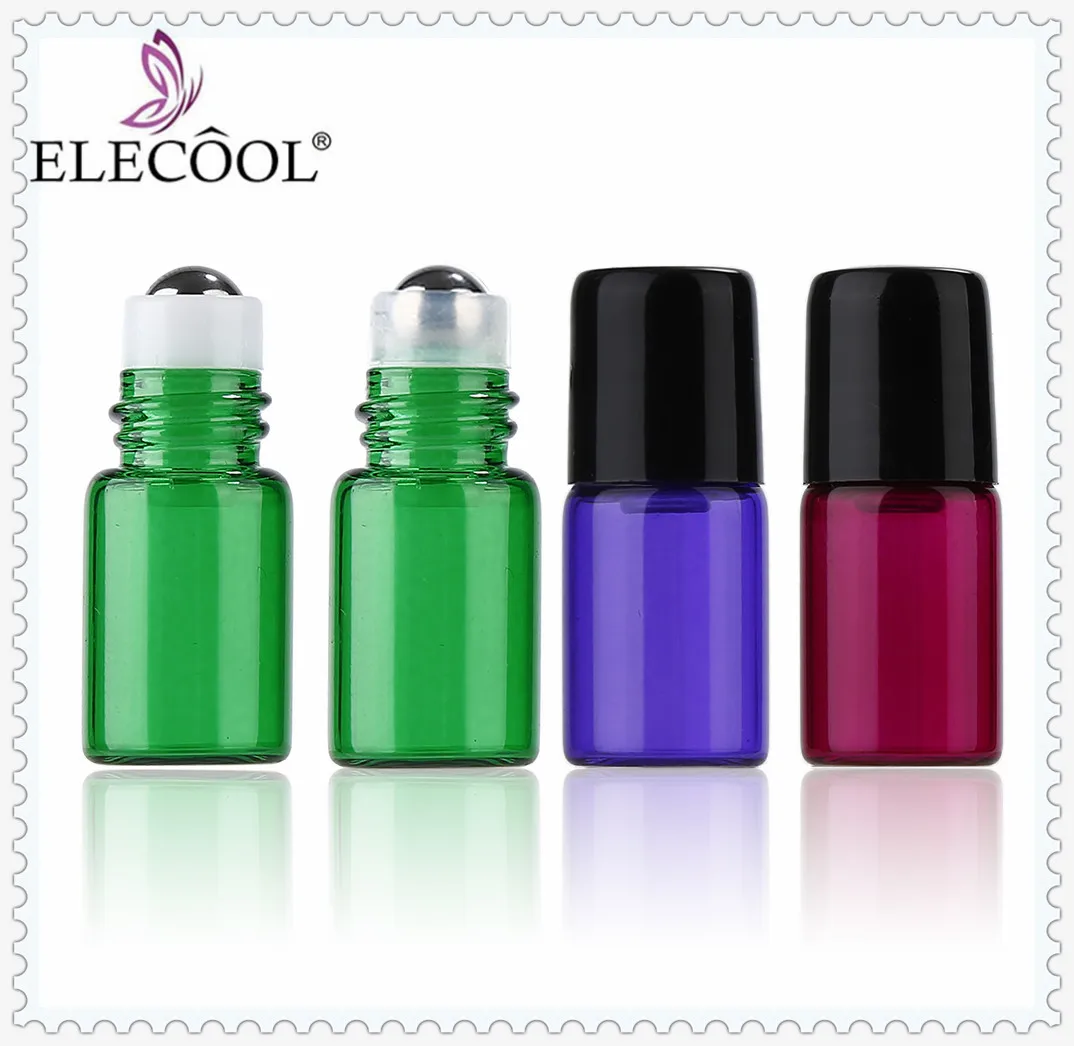 Elecool 1 ملليلتر/2 ملليلتر المحمولة لفة على زجاجة عطر فارغة الضروري النفط الصلب إعادة الملء زجاج الحاويات مع غطاء بلاستيكي