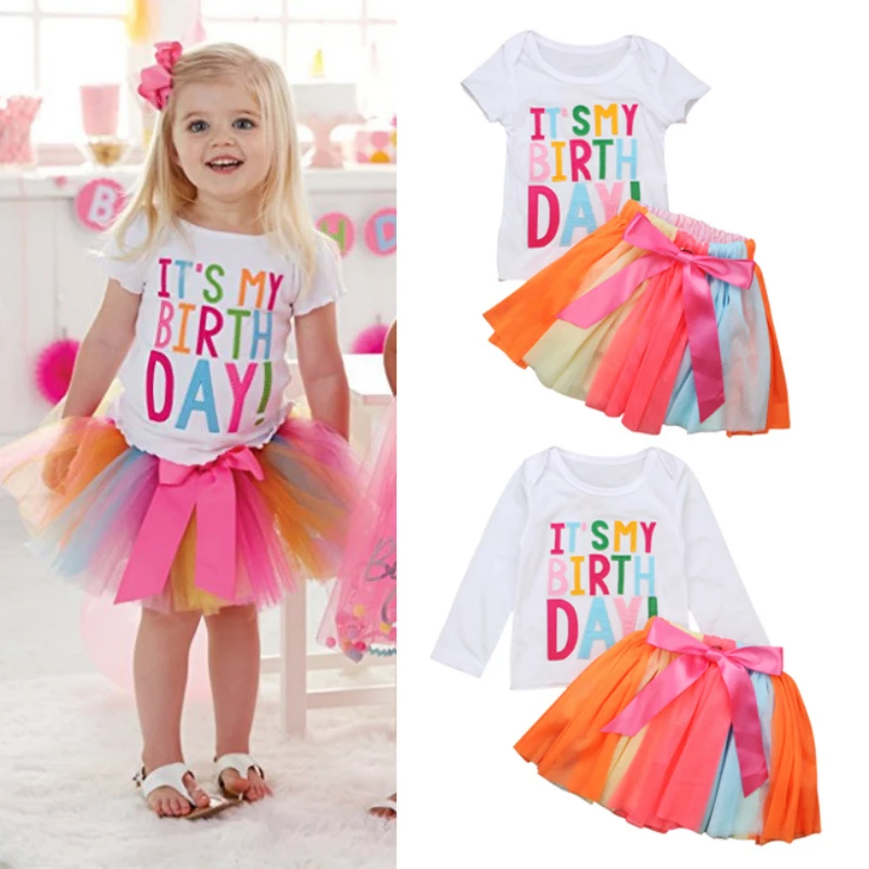 2Pcs Kid Girl Birthday Dress Set Summer T-Shirts Tops Rainbow Tutu Skirt Outfit 
