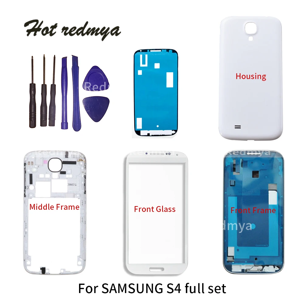 

Full Housing For Samsung Galaxy S4 i9500 i9505 Housing Front Plate Bracket Middle Frame Bezel+Back Cover+Outer Glass+ tools