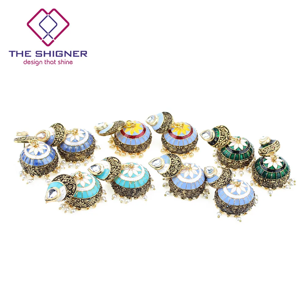 SHIGNER традиционные этнические индийские украшения Meenakari эмаль Jhumka Jhumki тени для