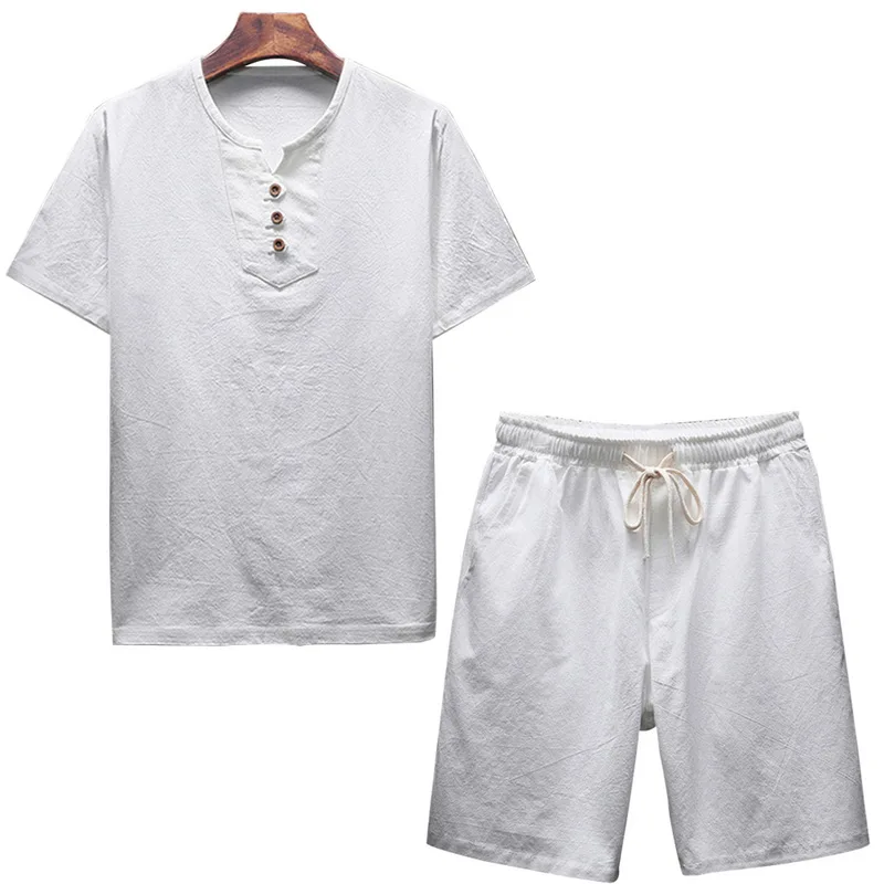 

ADISPUTENT Men Button Set Summer Short Sleeve Linen Tops 2 Piece Short Pants Fashion Casual Male Breathable Suit Plus Size 5XL