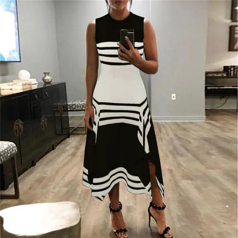 

Womail Dresses Women's Stripe Sleeveless Casual Dress Women Round Neck Party White Black Dress For Ladies Dropship May15 Vestido