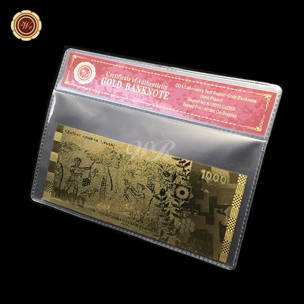

Syrian Flag Gold Banknotes Paper Money 1000 Pound Gold UNC Paper Bill With Red Coa and Printed The Certificate
