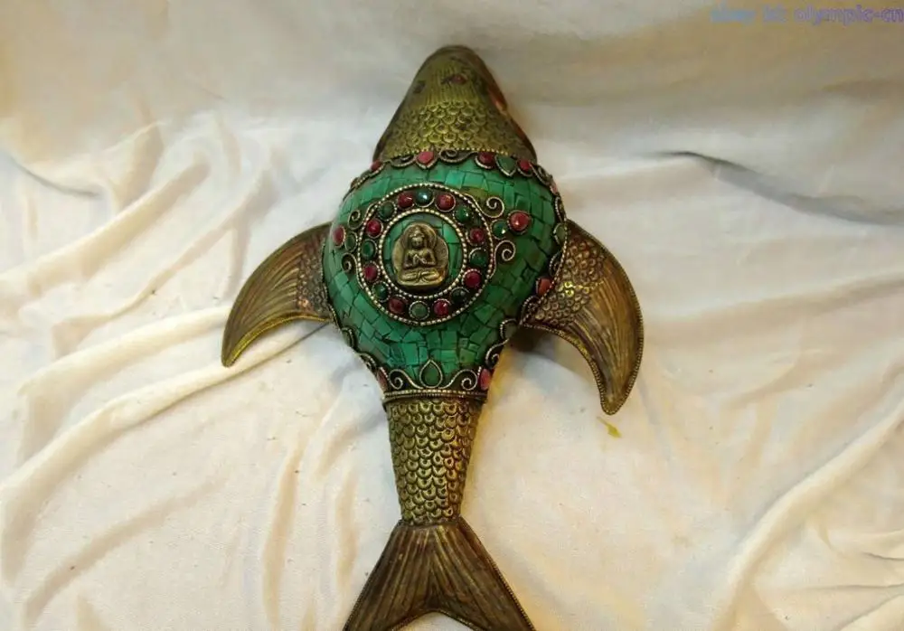 

11" Tibet copper turquoise trumpet shell silver buddha fish Sculpture Statue