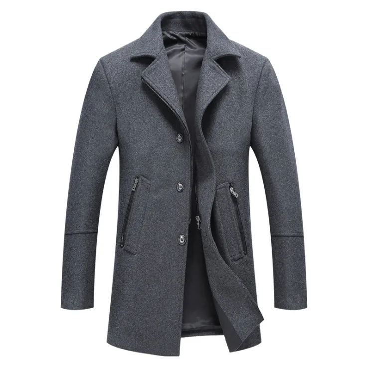 Новинка, зимнее шерстяное пальто для мужчин, однобортное серое длинное пальто, повседневная шерстяная и Смешанная куртка, приталенное модное мужское шерстяное пальто - Цвет: Серый