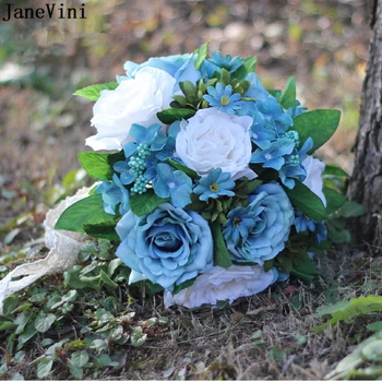 

JaneVini Artificial Silk Blue Flower Wedding Bouquets 2019 Romantic White Rose Bouquet Lace Handle Bridesmaid Brooch Accessories