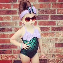 В виде русалки для девочек, купальные костюмы из одного предмета с бантом и повязка на голову в западном стиле милые малыши, дети пляжная одежда, детский купальный костюм