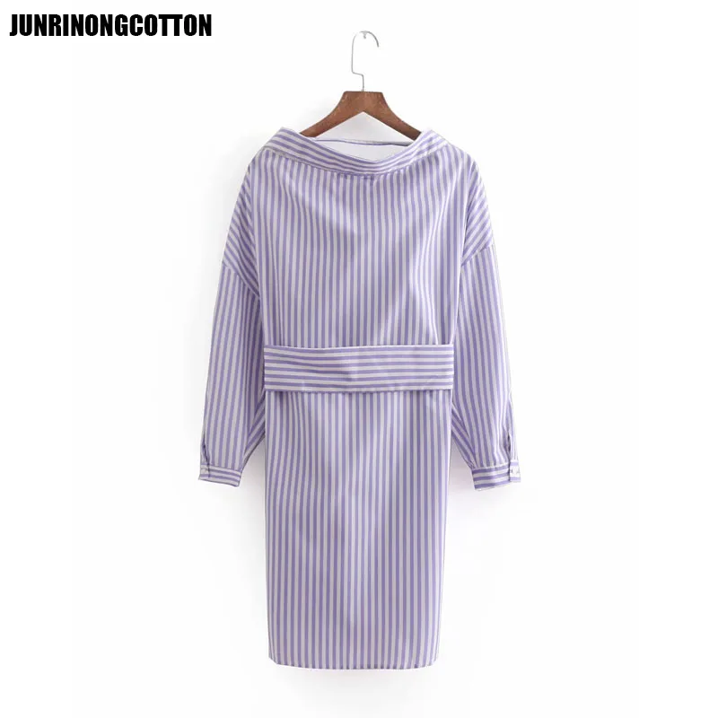 JUNRINONGCOTTON Полосатый печати с рукавами летучая мышь платье для женщин High Street Модная