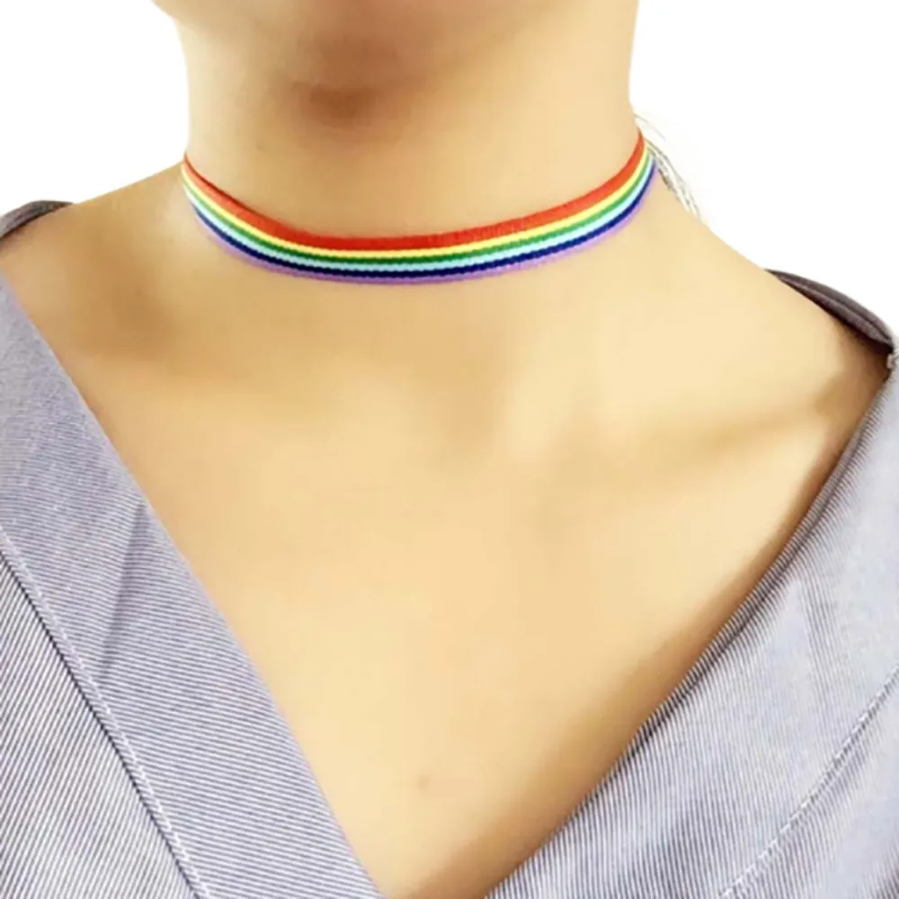 Men Women Gay Pride Rainbow Choker Necklace Gay and Pride Lace Chocker Ribbon Collar with Pendant Jewelry FD