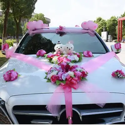 Свадебное украшение автомобиля шелковые цветы с медведем свадебный автомобиль поддельные розы цветы Гирлянда украшение свадебный центральный венок - Цвет: Розовый