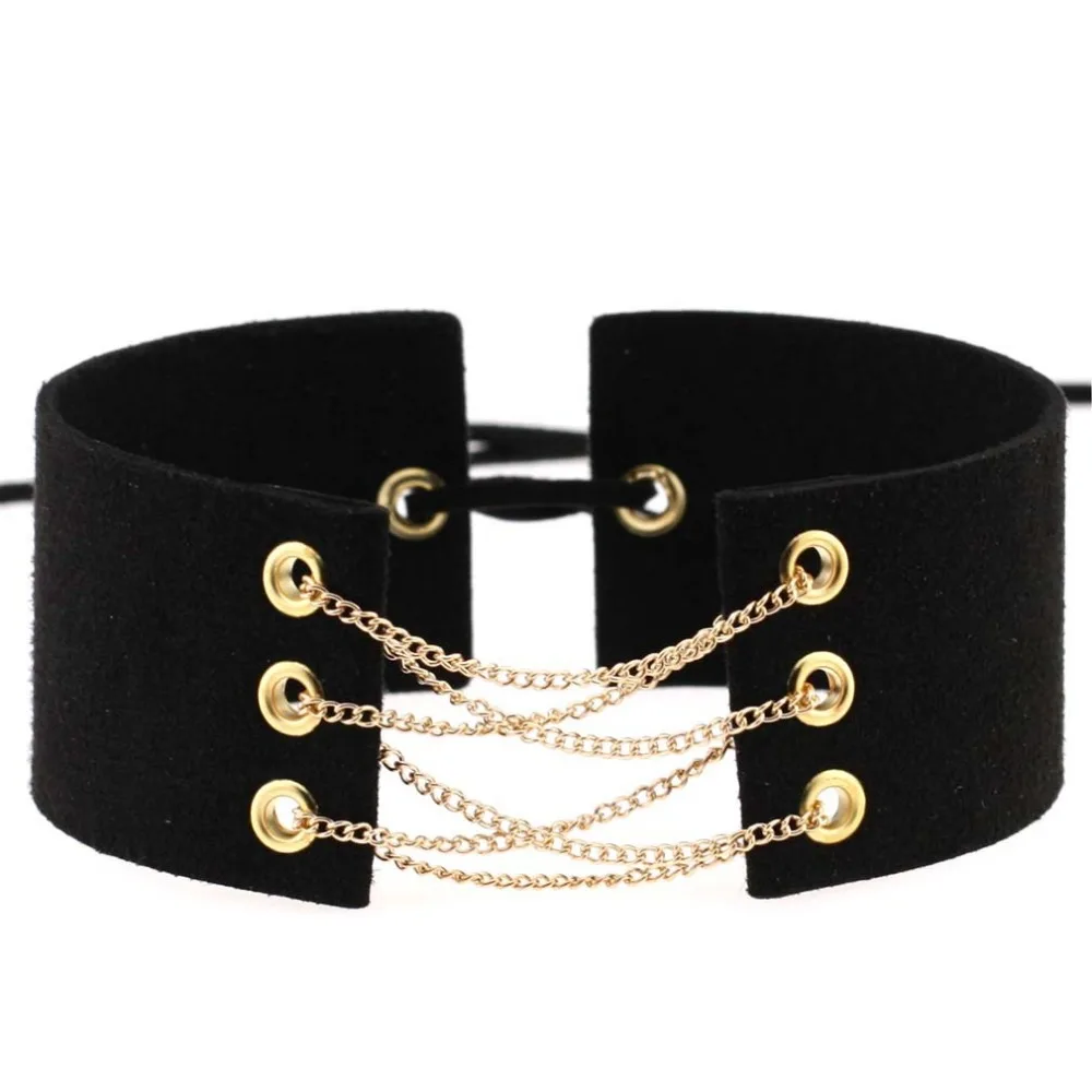 

30 Colors New Glamorous Black Velvet Choker With Gold/Silver Chains Sexy Statement Necklace Link Chain Lace Up Chokers Necklaces