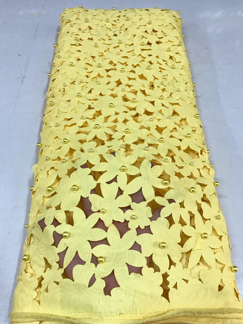 

2017 yellow African Lace Fabric Material Newest & Popular Laser cut lace with beads For Nigerian Women Party Dress SAE0050