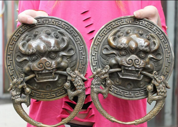 

10 Folk Chinese Copper Bronze Guardian Lion Head Statue Temple Door Knocker Pair fast