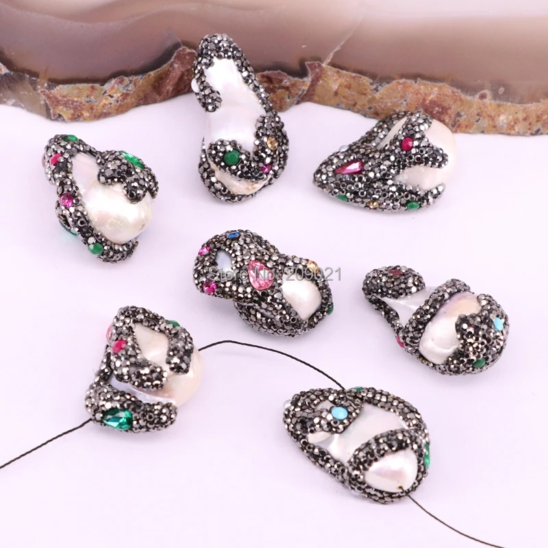 

DIY 6PCS Fresh Water Pearl connector beads, Pave rhinestone nature pearl loose beads, jewelry making