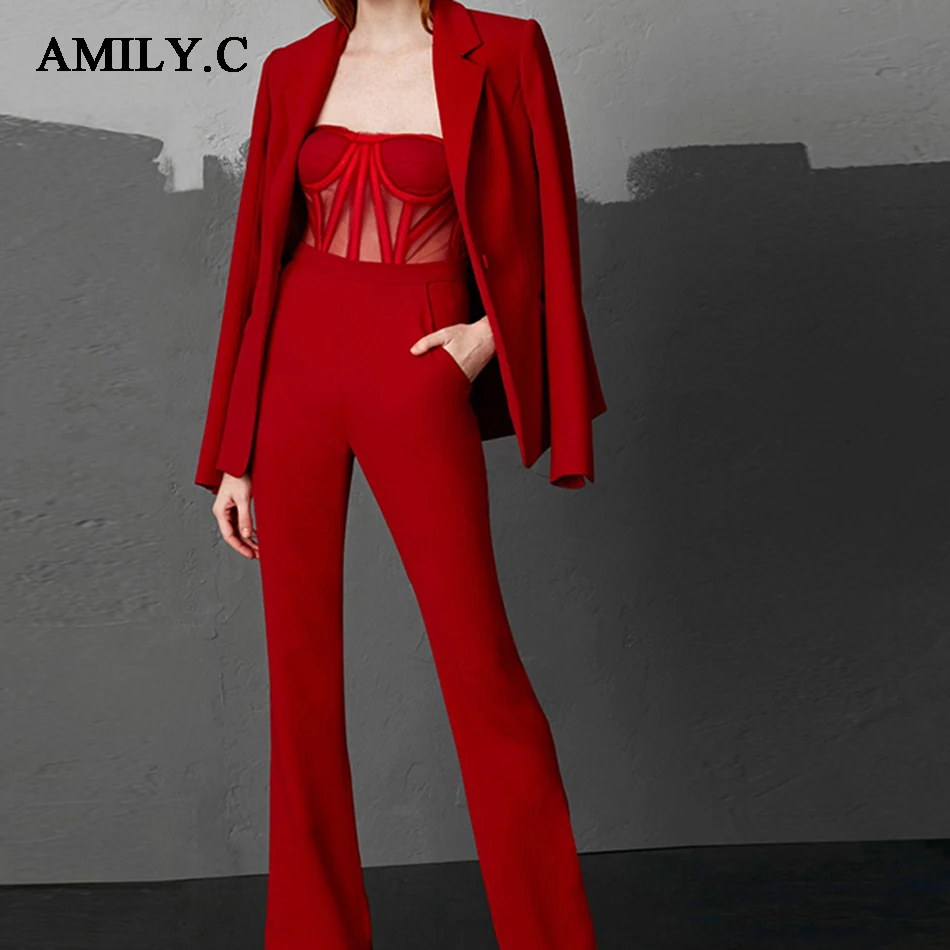 2018 New Winter Women's Jumpsuit Red Long Sleeve Jacket and Jumpsuit 2 Piece Set