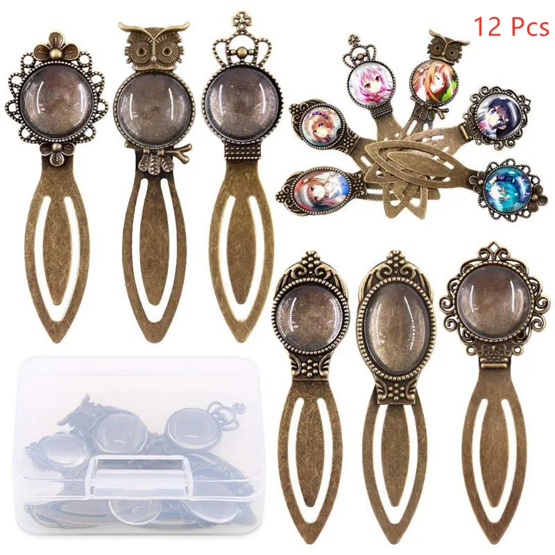 

12 Pcs Bookmark Pendant Tray Base Kit Lace Oval Round Glass Convex Transparent Set Crystal Epoxy DIY Accessories